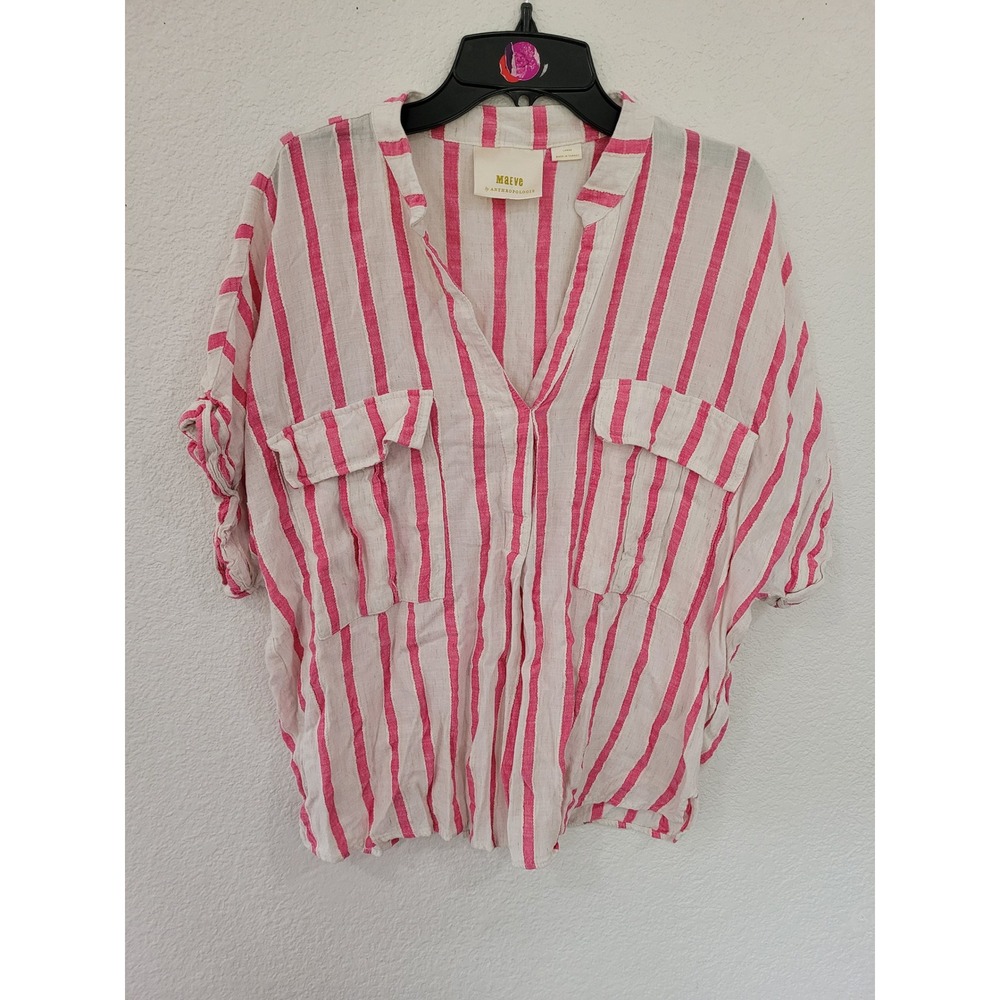 Maeve Anthropologie Pink White Striped Linen Blend Button Down Top Large #9